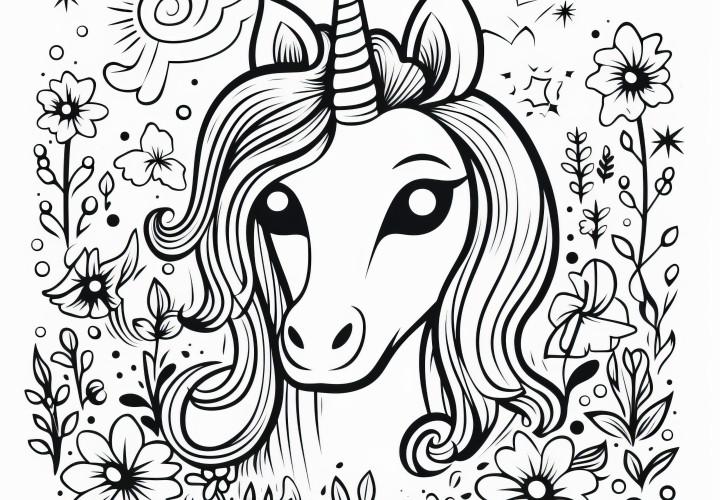 Cabeza de unicornio floral como plantilla para colorear: Gratis para descargar