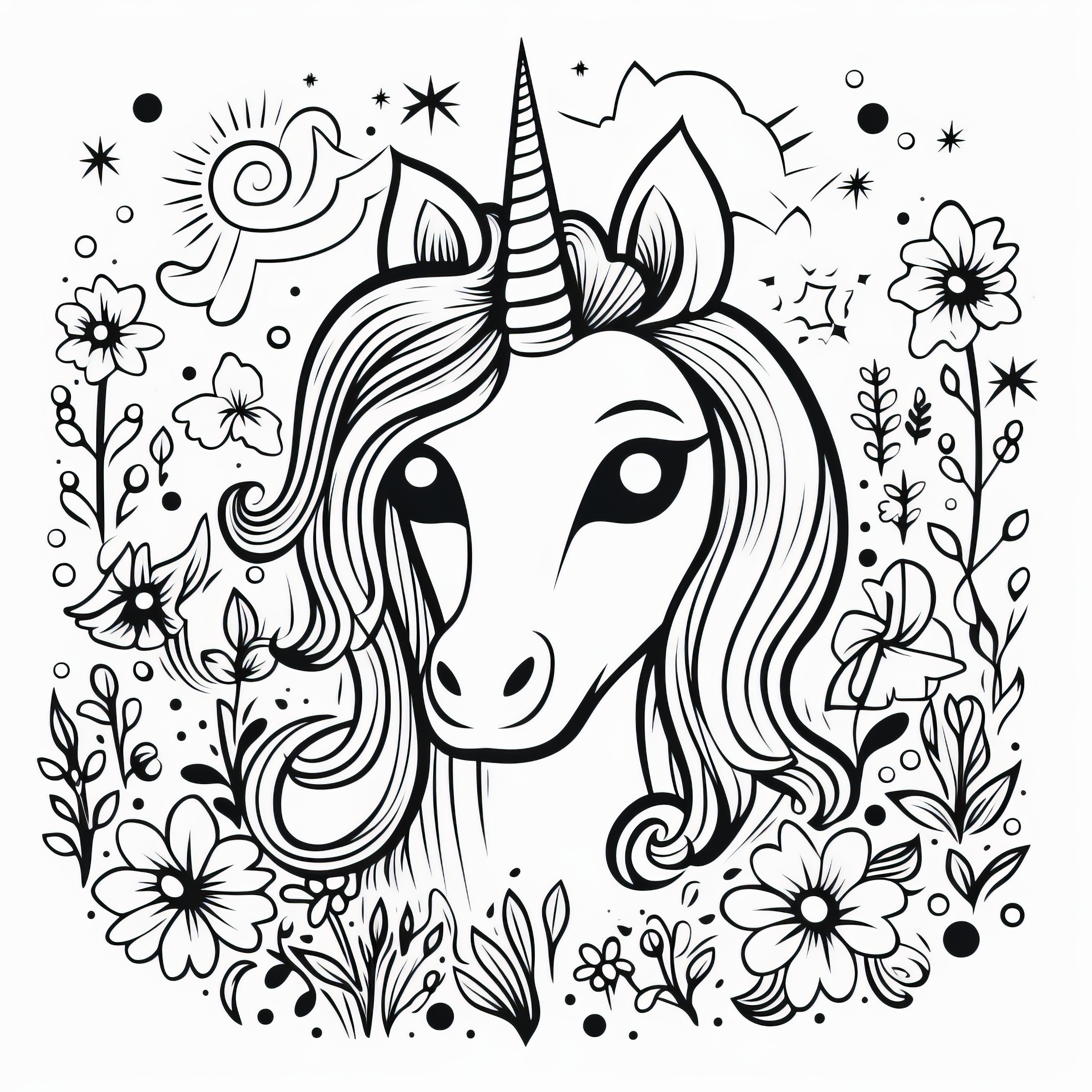 Tête de licorne florale comme modèle de coloriage : Gratuit à télécharger