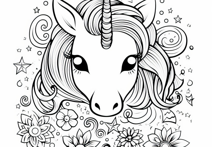 Tête mignonne de poney licorne : coloriage pour enfants (Gratuit)