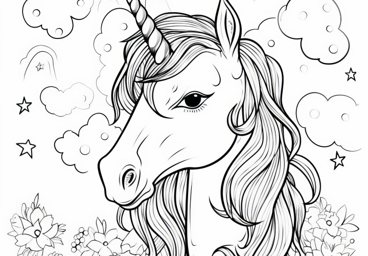 Tête de licorne réaliste : coloriage à télécharger maintenant gratuitement