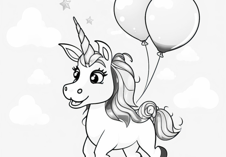 Unicornio volador con globos: Imagen para colorear gratuita para descargar