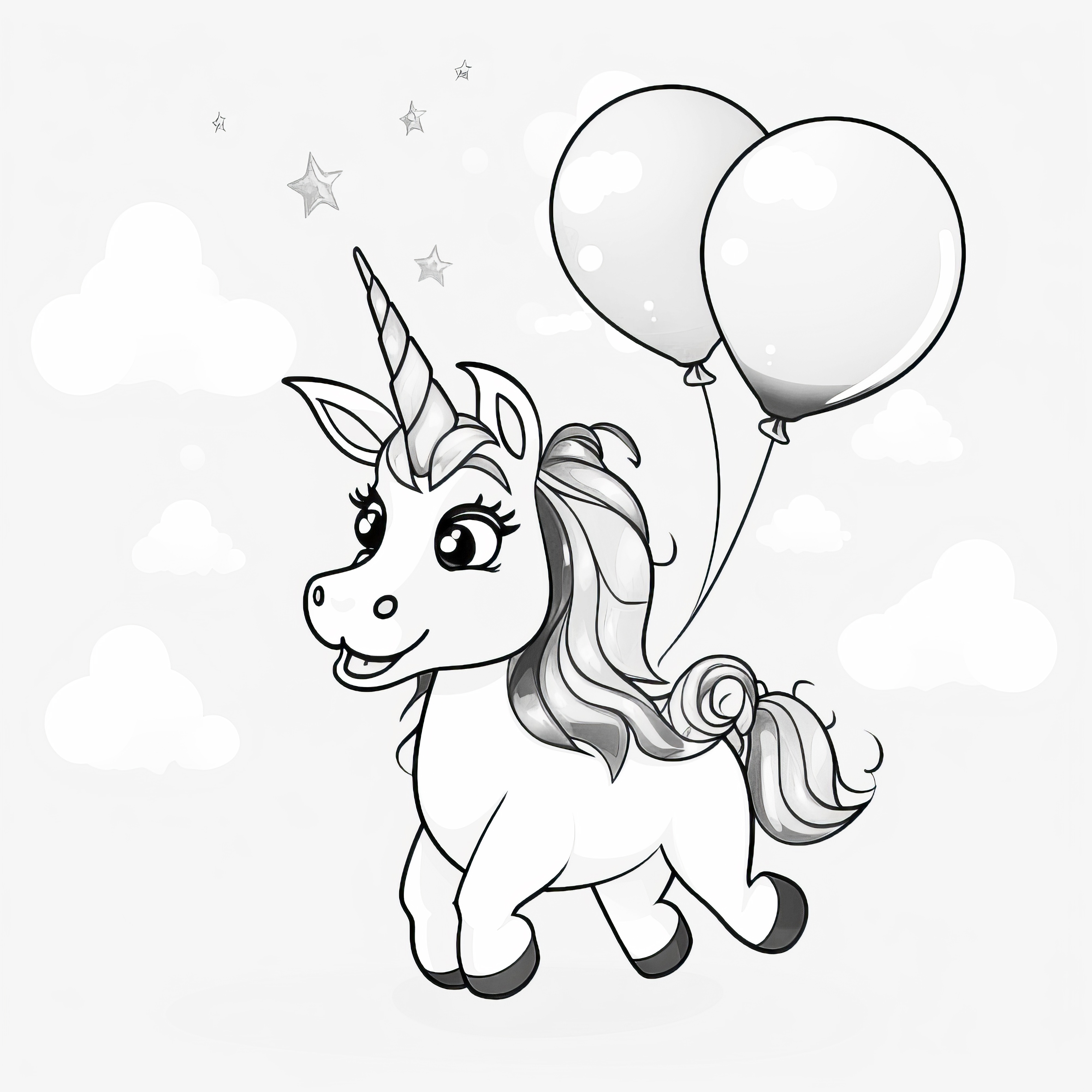 Licorne volante avec des ballons de baudruche : Coloriage gratuit à télécharger