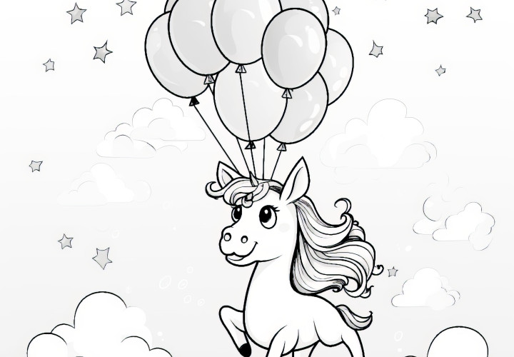 Unicorn vuela con globos sobre nubes y estrellas: dibujo para colorear gratis