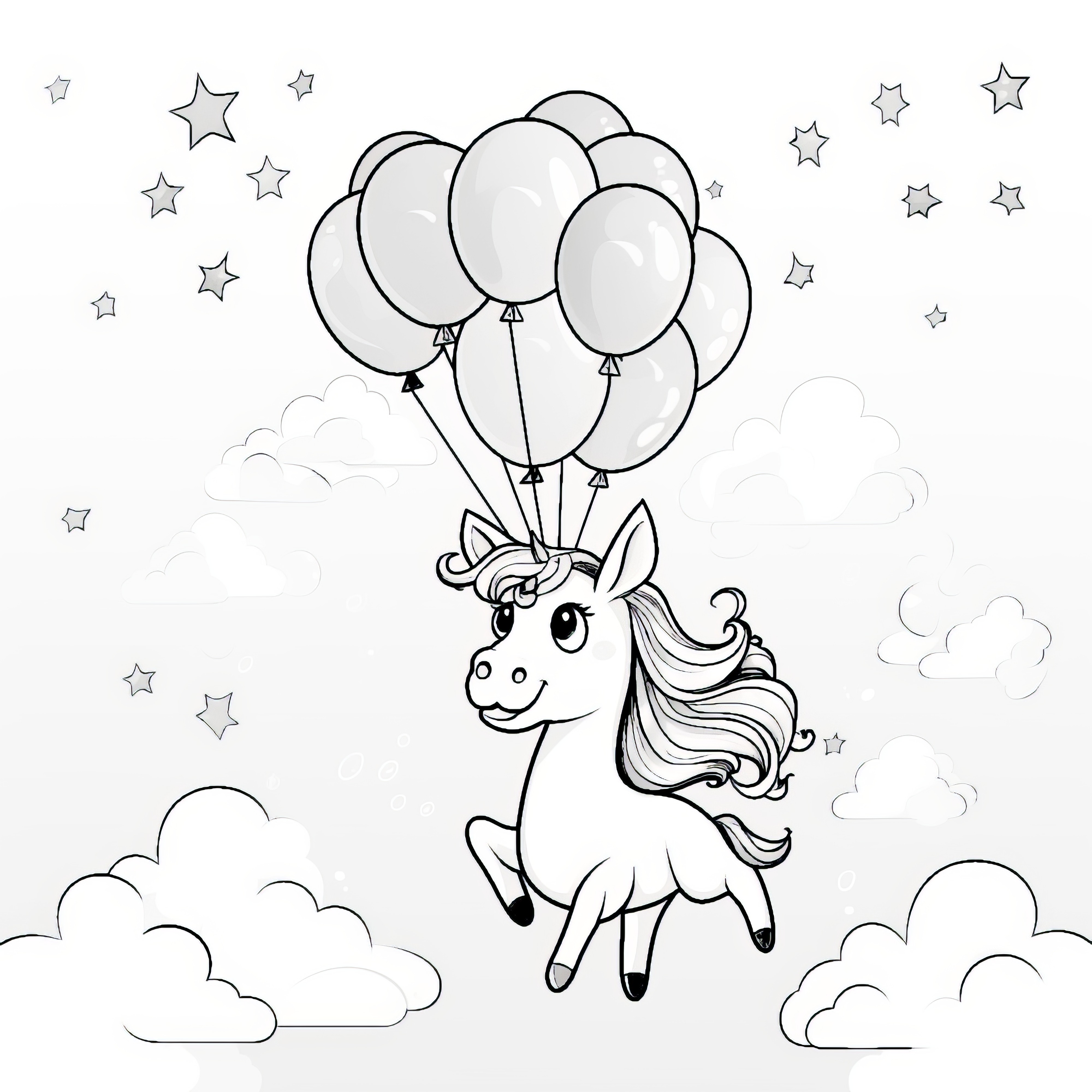 Unicorn vuela con globos sobre las nubes y las estrellas: Dibujo para colorear gratis