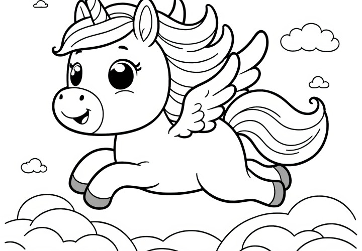 Licorne mignonne avec des ailes : Coloriage facile pour enfants (Gratuit)