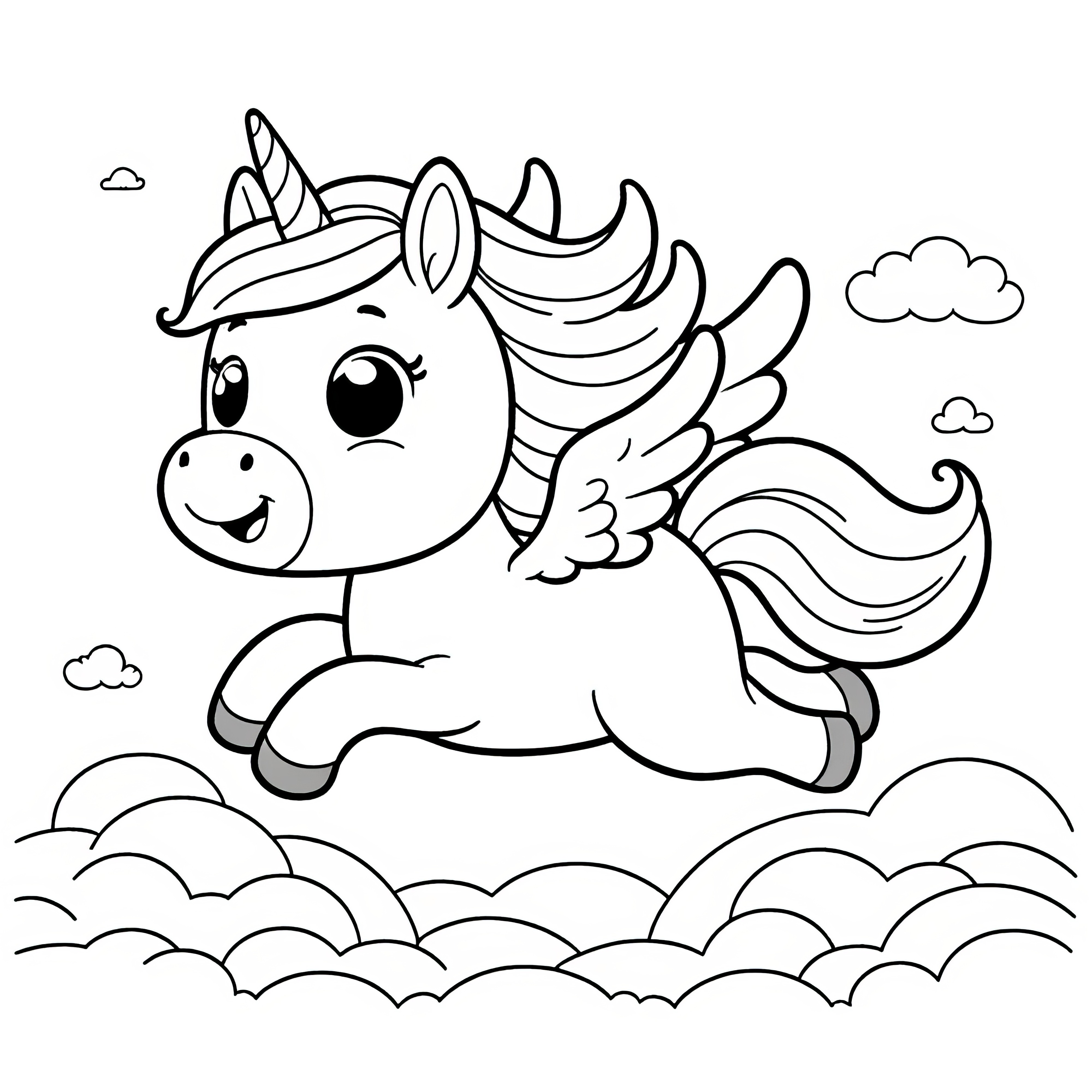 Licorne mignonne avec des ailes : Image à colorier facile pour les enfants (Gratuit)