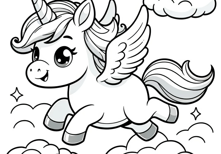 Licorne mignonne avec des ailes dans les nuages : téléchargez gratuitement le dessin à colorier