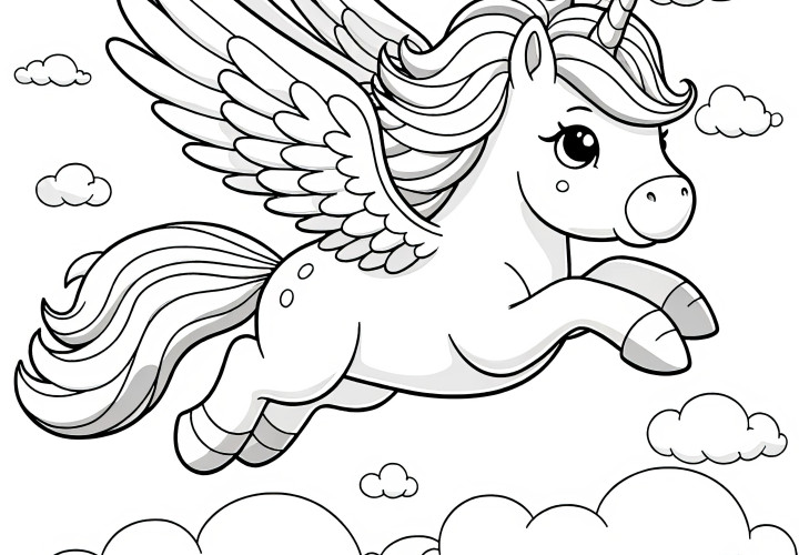 Coloriage simple : licorne-pégase pour enfants (Gratuit)