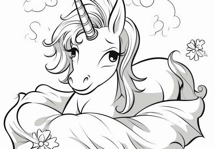 Licorne flottant sur une couverture moelleuse : Coloriage à télécharger (gratuit)