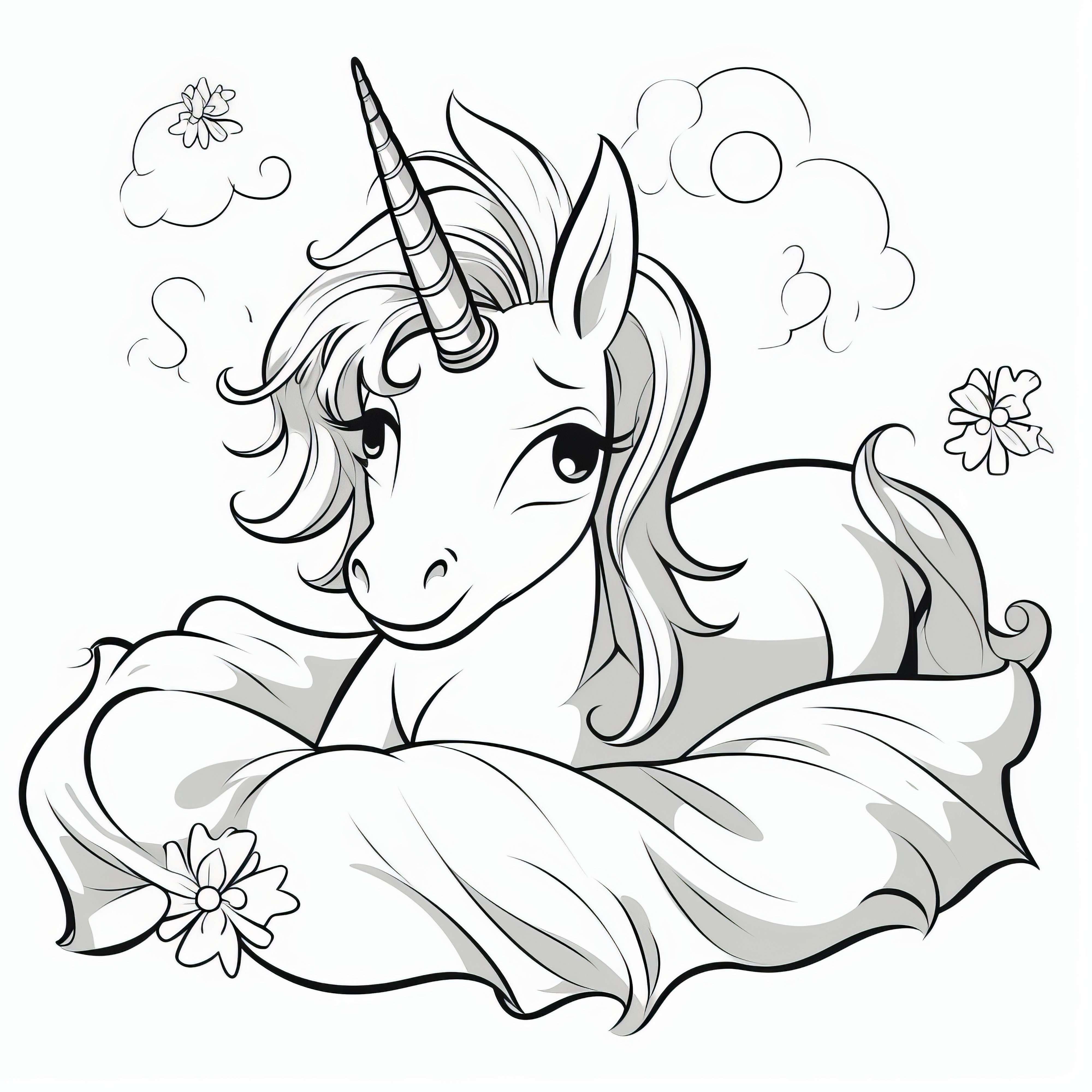 Unicorn flota sobre una manta esponjosa: imagen para colorear para descargar (gratis)