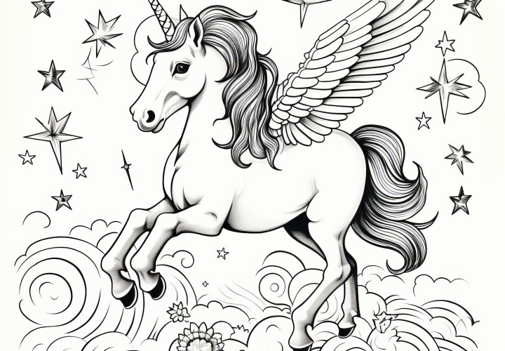 Unicornio volador con alas entre estrellas y nubes (dibujo para colorear gratis)