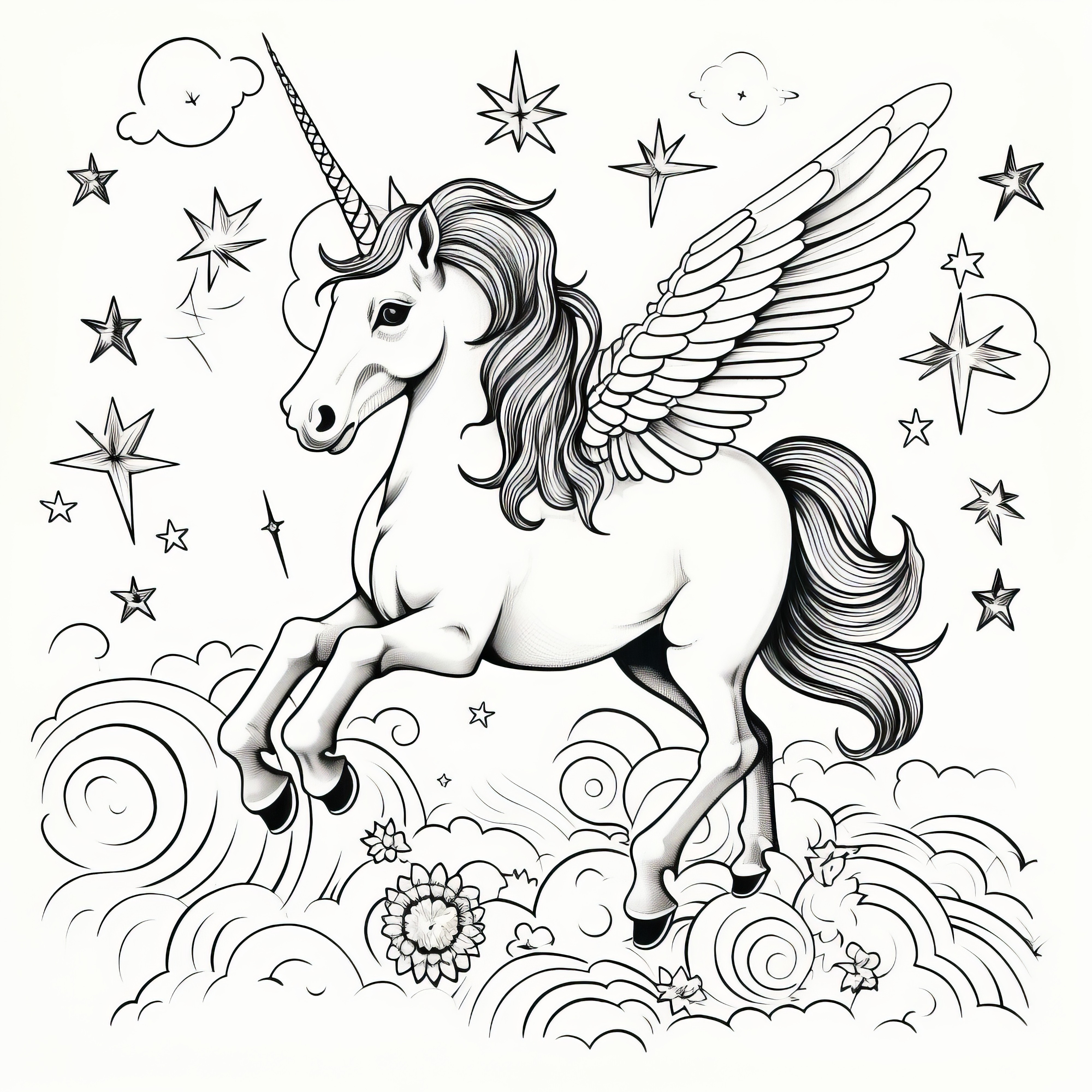 Licorne volante avec des ailes entre les étoiles et les nuages (coloriage gratuit)