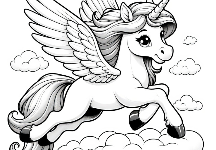 Licorne volante mignonne dans un paysage de nuages: dessin à colorier gratuit