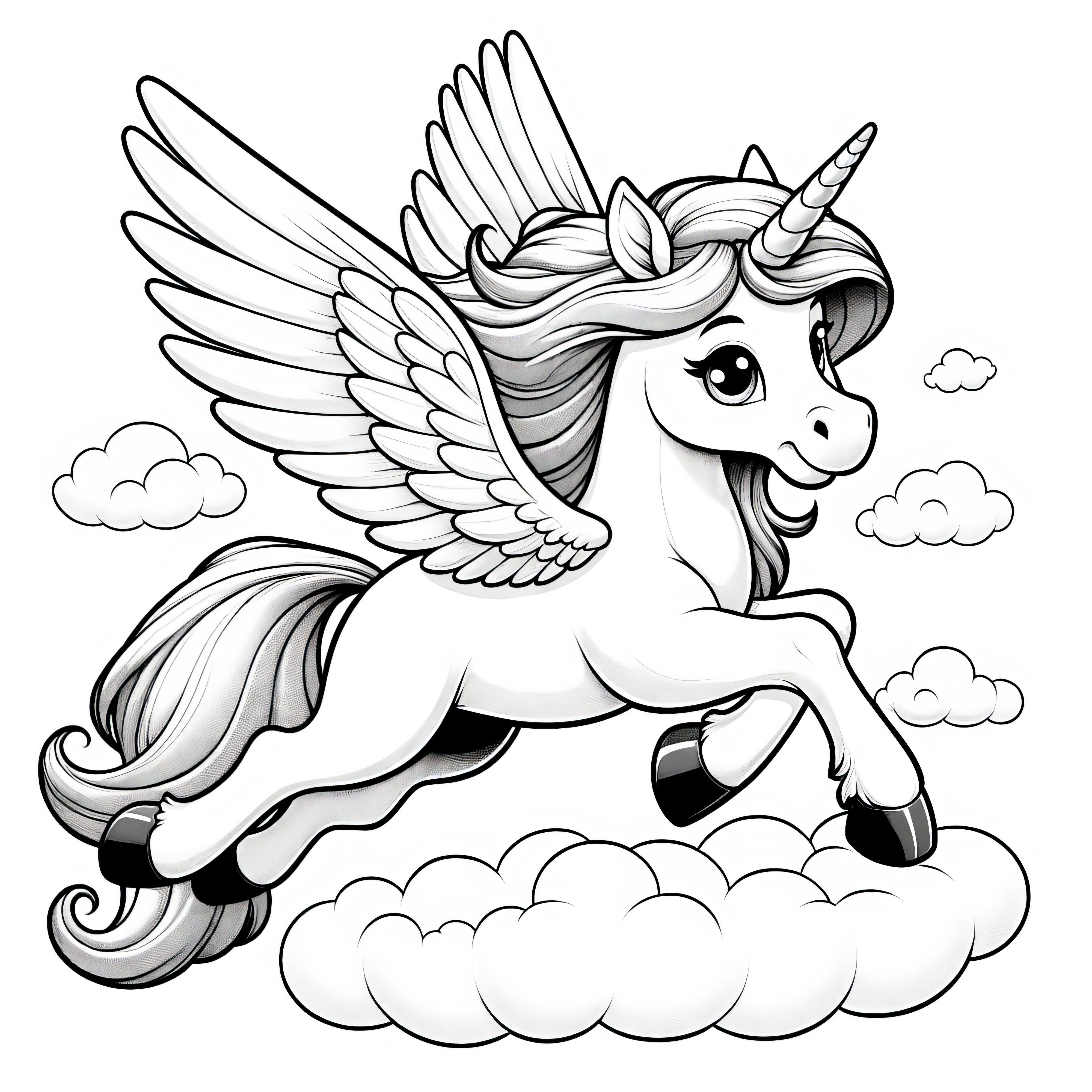 Dulce unicornio volador en un paisaje de nubes: Imagen para colorear gratis