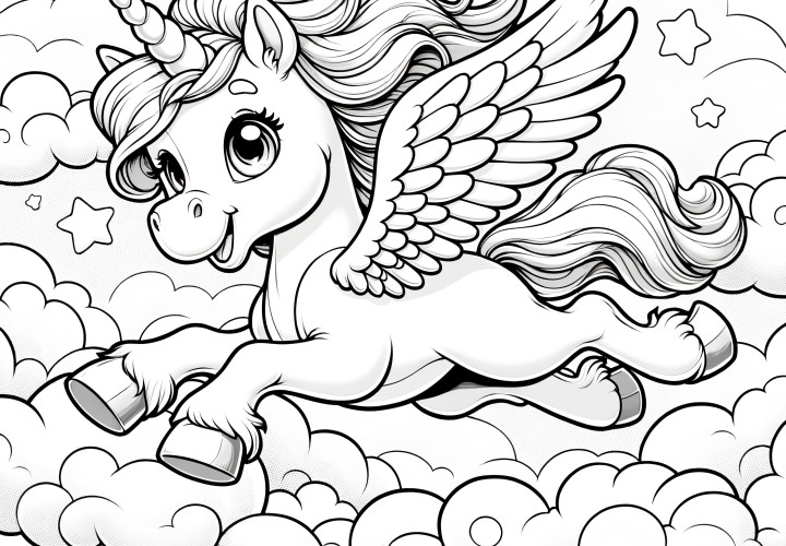 Licorne souriante vole à travers les nuages: Page de coloriage gratuite