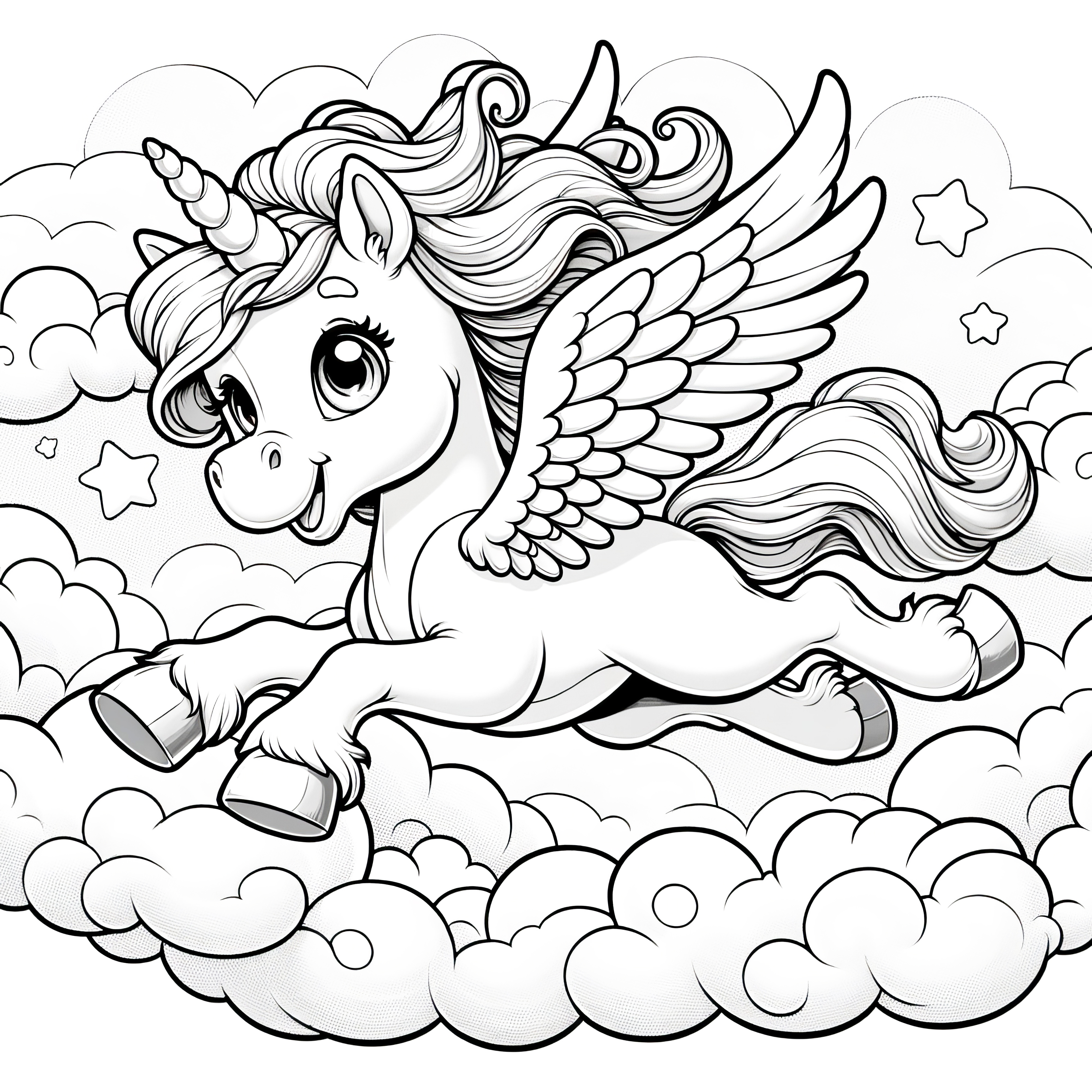 Unicornio sonriente vuela sobre las nubes: Plantilla de dibujo gratuita