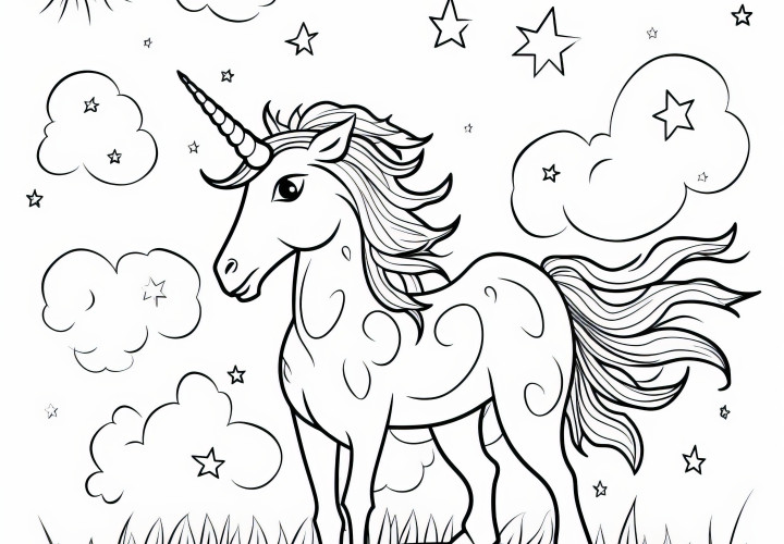 Licorne dans un pré avec des étoiles et des nuages : coloriage gratuit