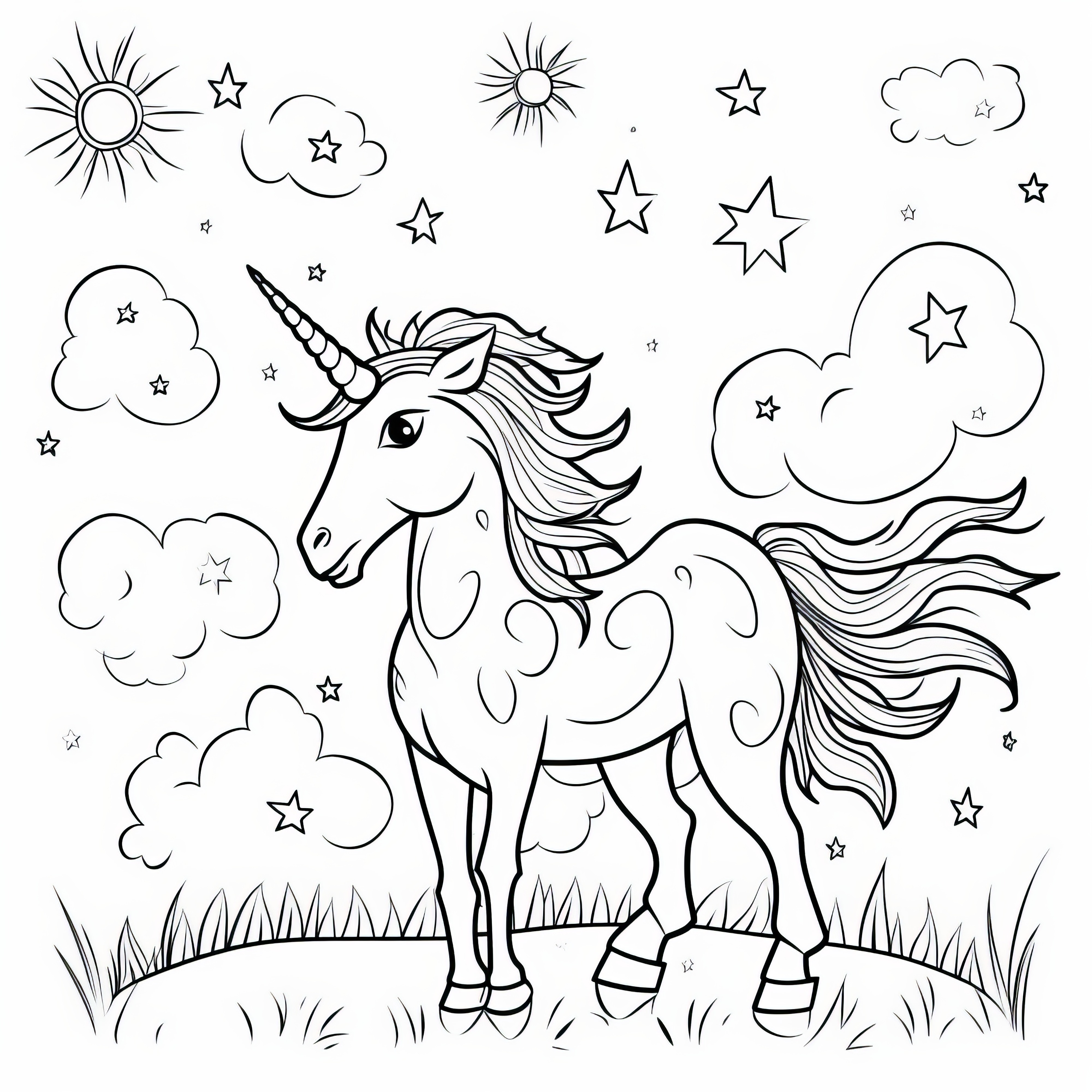 Licorne dans un champ avec des étoiles et des nuages : Coloriage gratuit