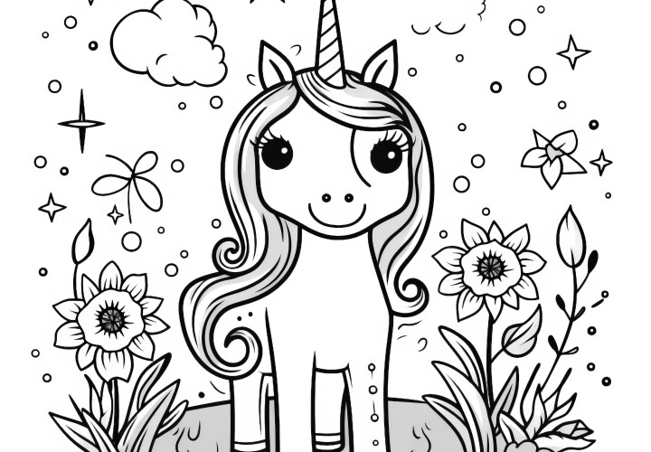 Unicorn en el cielo de fantasía con flores y estrellas: Una imagen para colorear llena de imaginación (gratis)