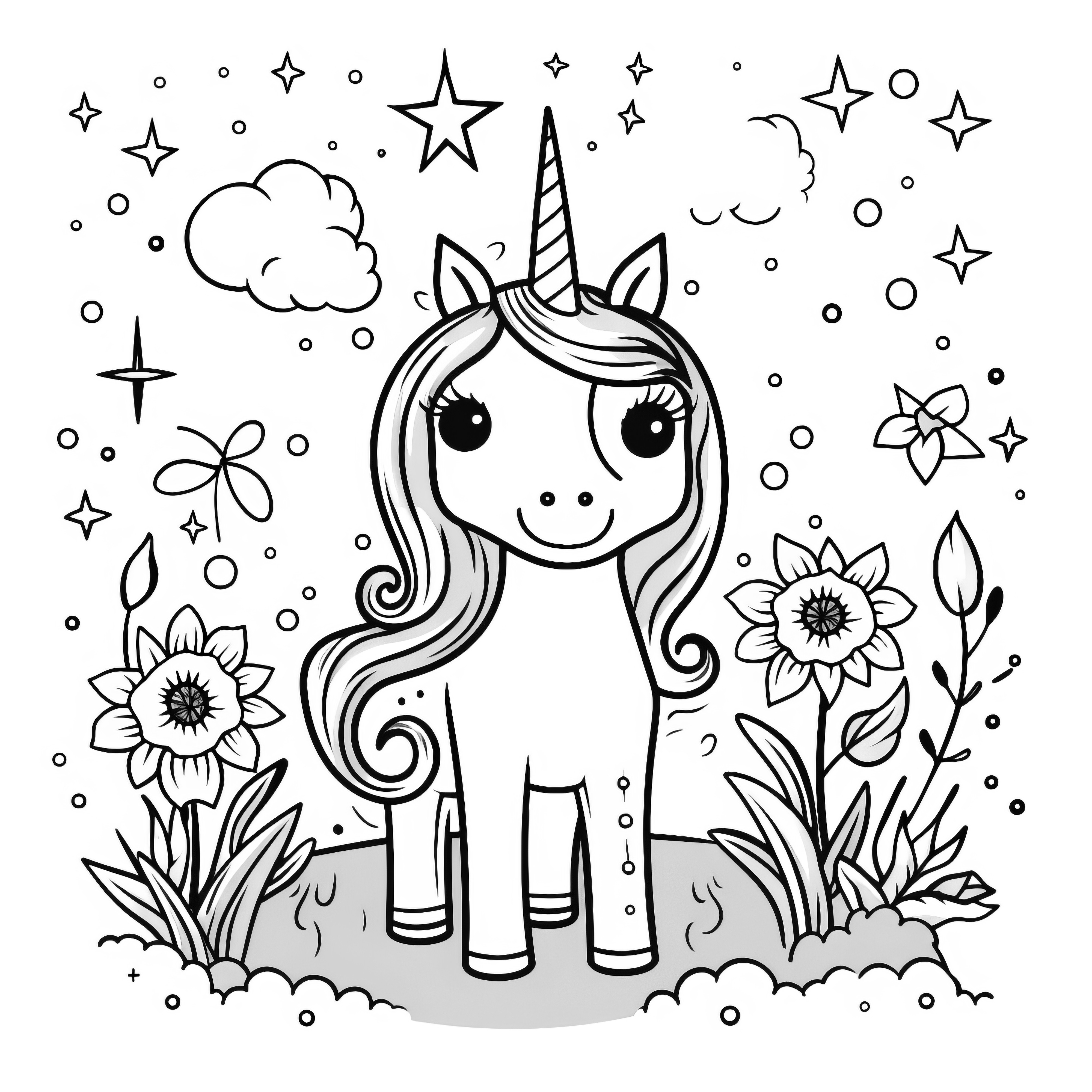 Licorne dans le ciel imaginaire avec des fleurs et des étoiles : une image à colorier pleine de fantaisie (gratuit)