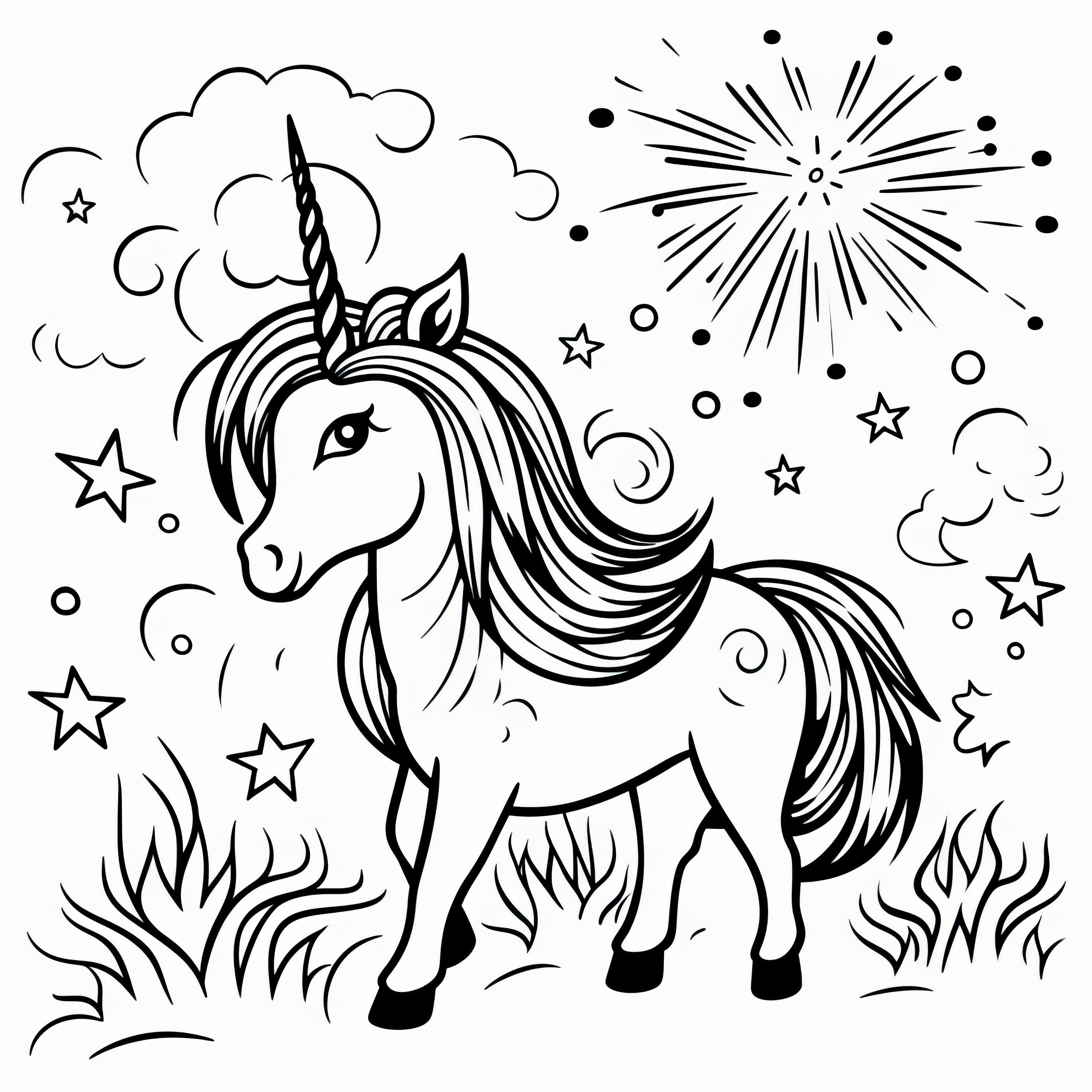 Unicornio en paisaje de pradera con estrellas y fuegos artificiales: dibujo para colorear gratis