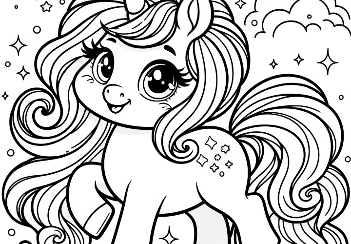 Pequeño unicornio con estrellas como dibujo para colorear (Gratis)