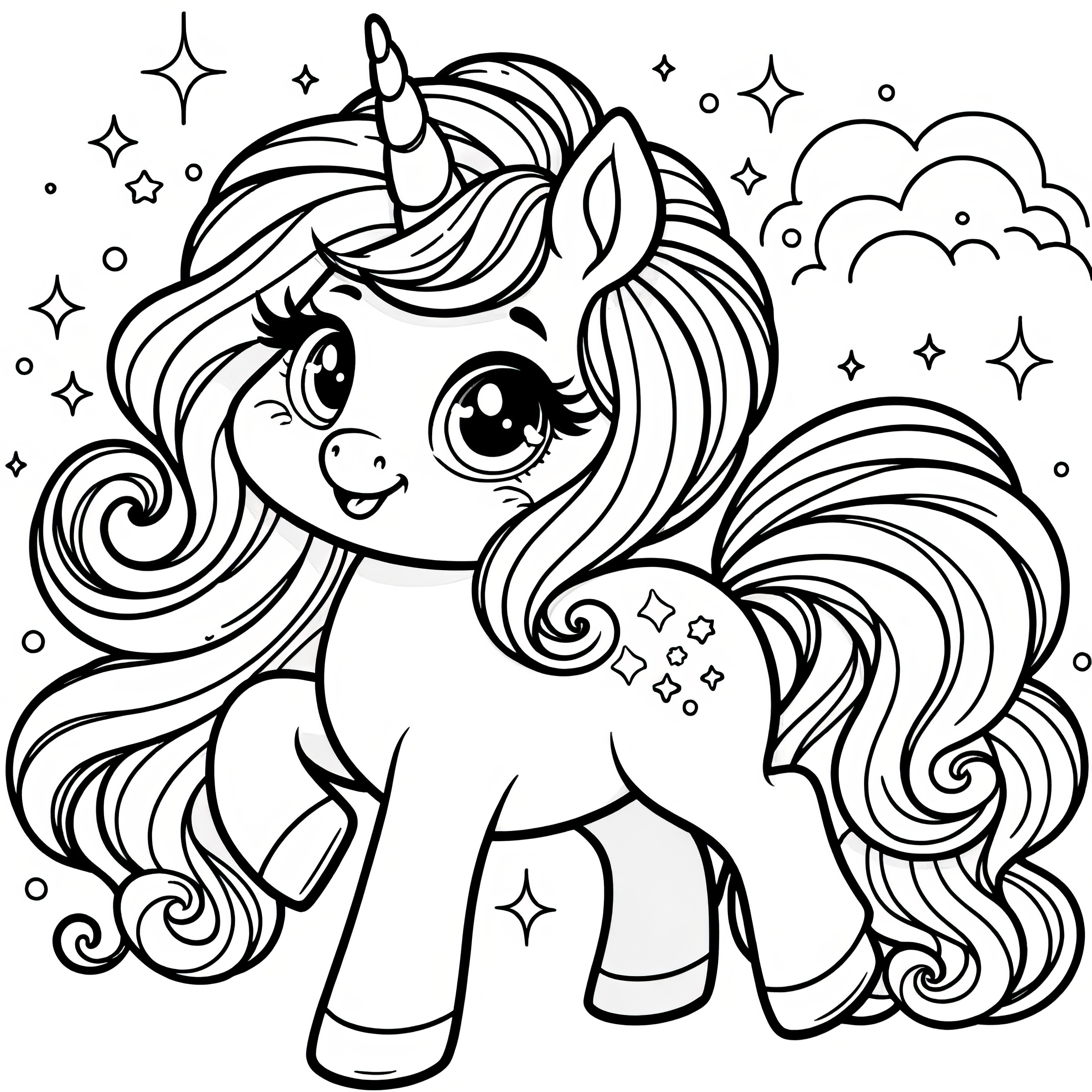 Little unicorn child with stars as a coloring picture (free)