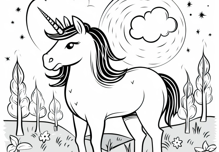 Unicorn en un paisaje fantástico: plantilla de colorear gratuita