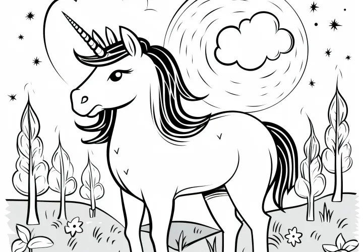 Unicorn in a fantastical landscape: Free coloring page