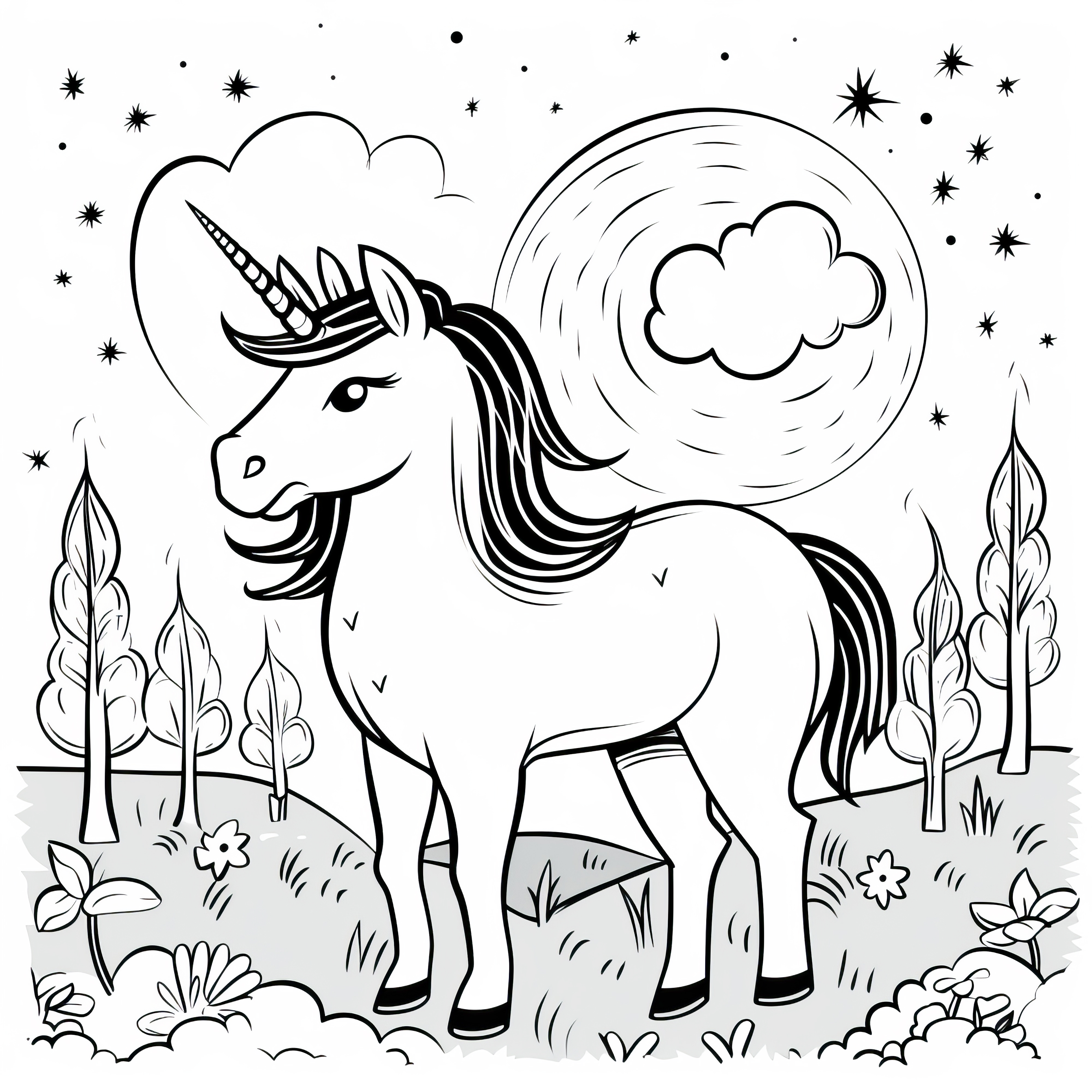 Unicorn in a fantastic landscape: Free coloring page