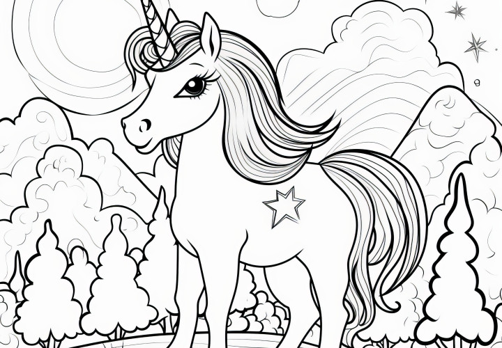 Unicorn en un paisaje con bosque y estrellas en el cielo: imagen para colorear gratis