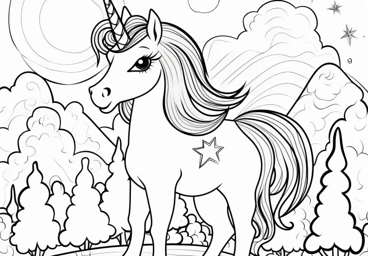 Unicorn in a landscape with forest and stars in the sky: Coloring picture for free