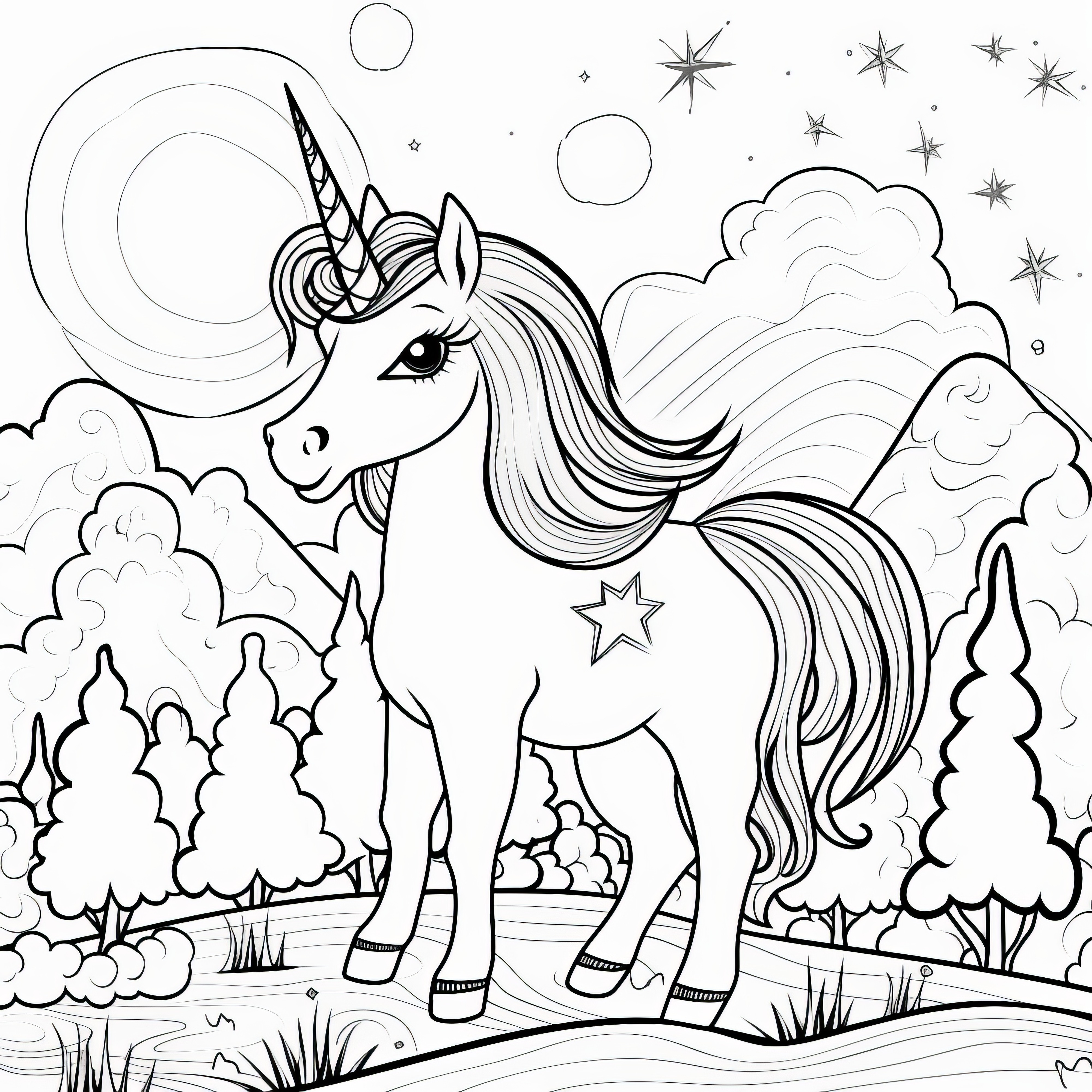 Unicorn in a landscape with forest and stars in the sky: Coloring page for free