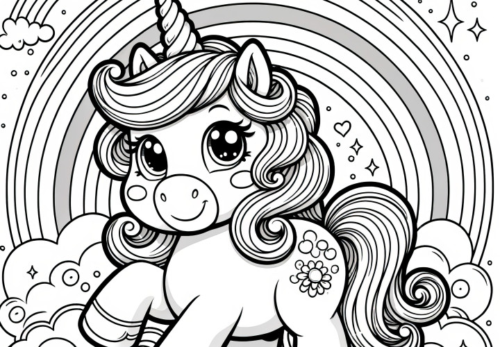 Unicornio debajo del arcoíris: dibujo para colorear para niños (Gratis)