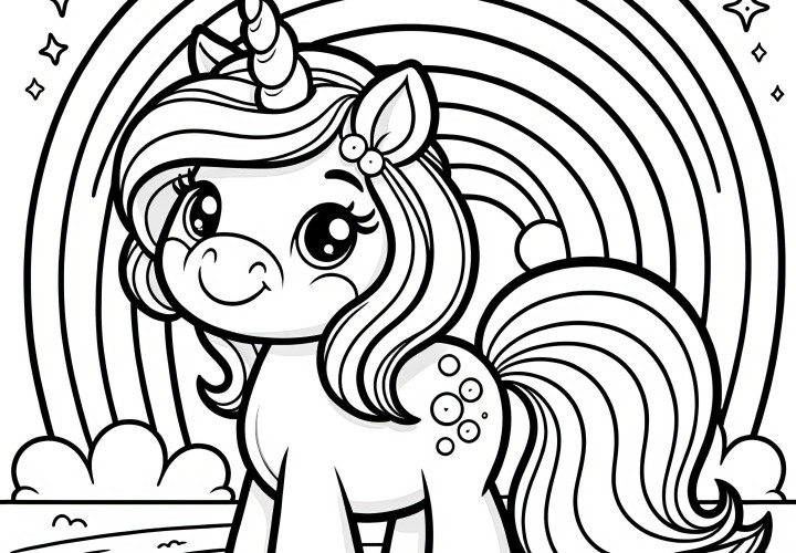 Radiant unicorn under rainbow as coloring picture (Free)