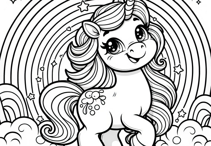 Happy unicorn with rainbow as coloring sheet (Free)