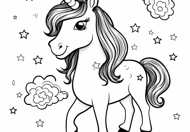 Unicorn con estrellas: Imagen para colorear simple (Gratis)