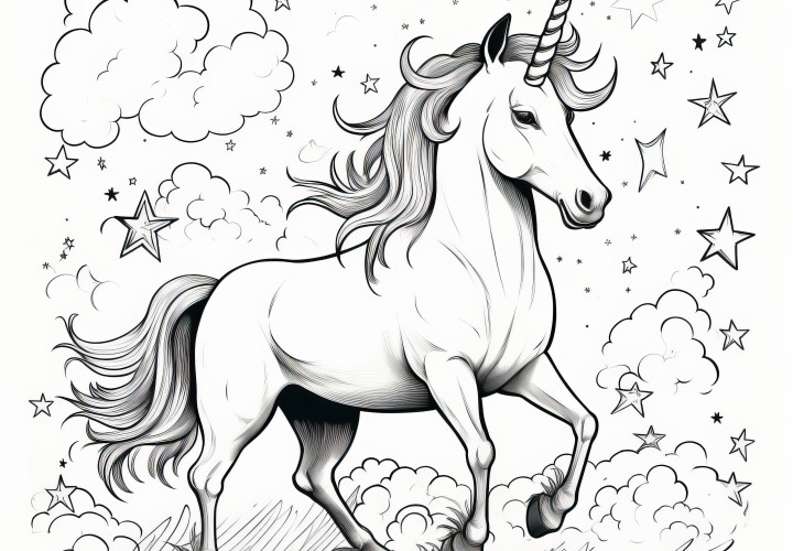 Elegant unicorn in a landscape with stars in the night sky: Coloring page (Free)