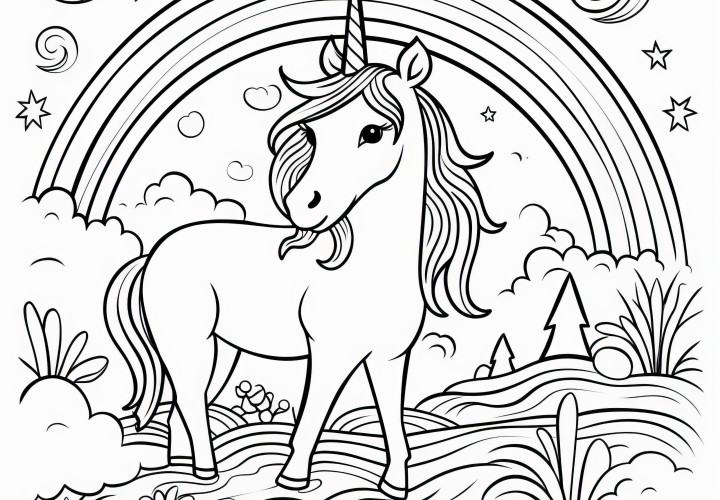 Beautiful unicorn under rainbow: coloring page for printing (Free)