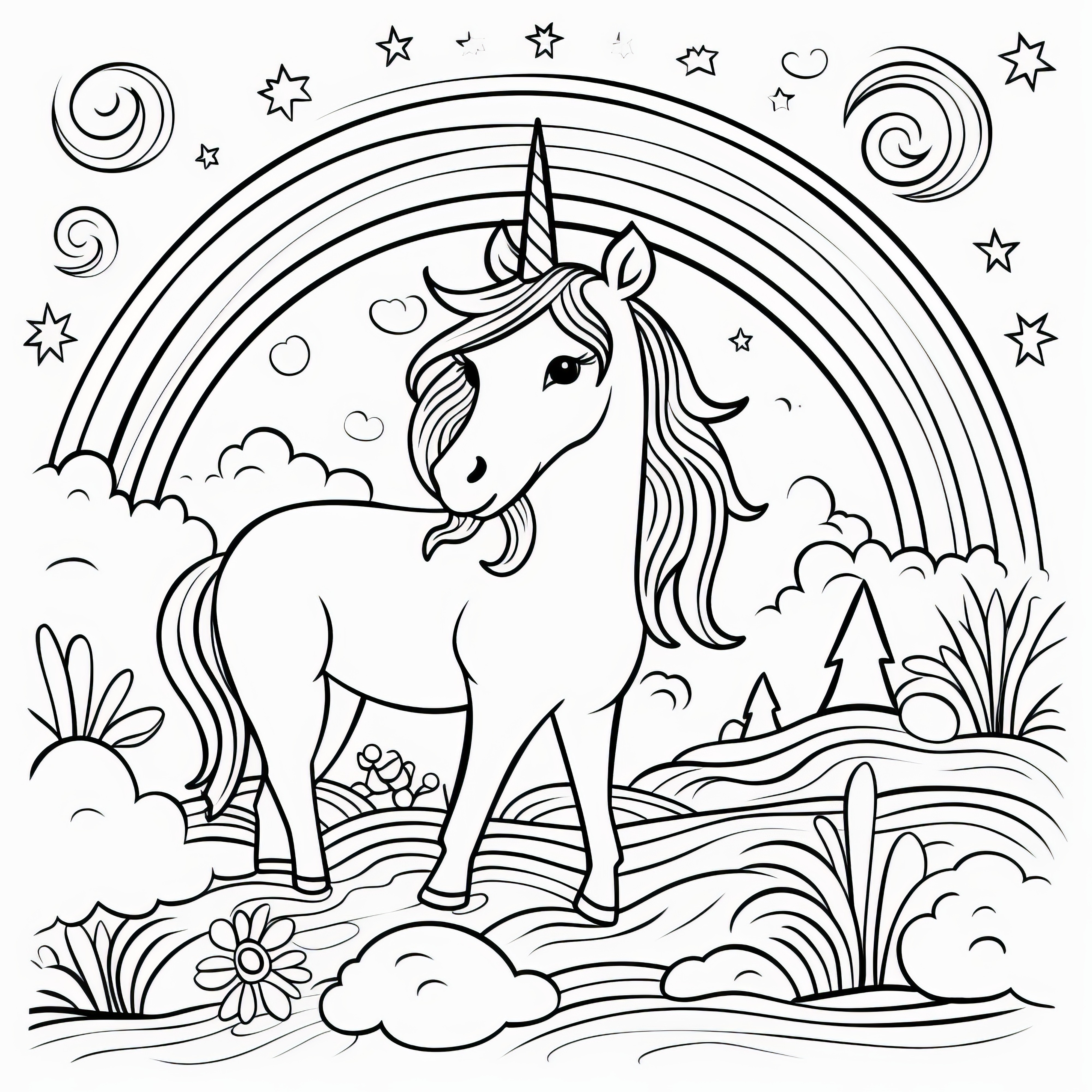 Beautiful unicorn under rainbow: coloring page to print (Free)