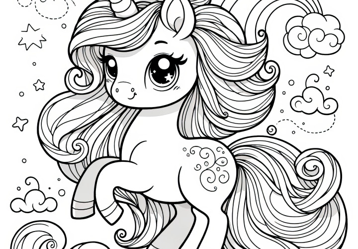 Poney licorne doux avec des étoiles à colorier (Gratuit)