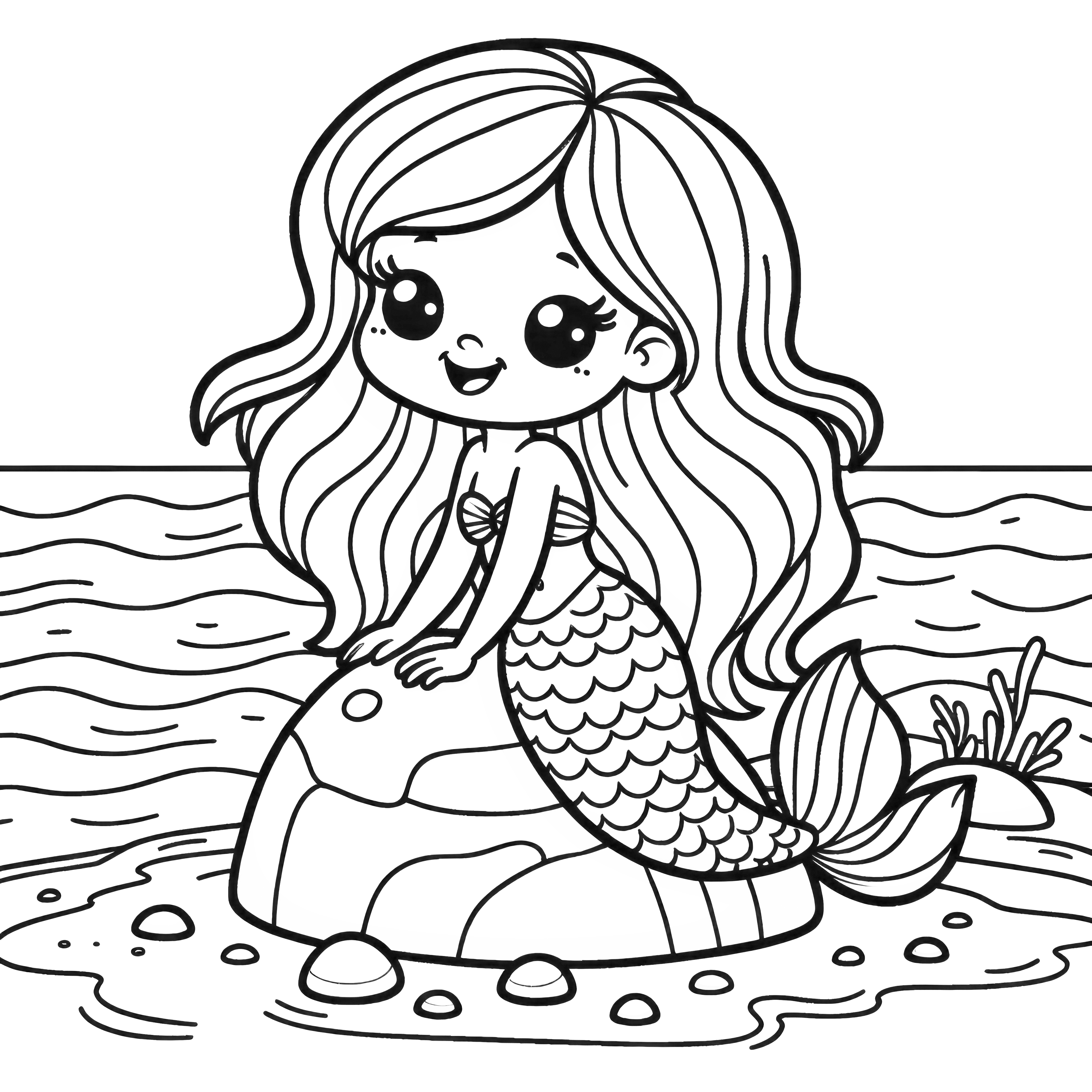 Sirena en la playa sobre rocas - dibujo para colorear gratis