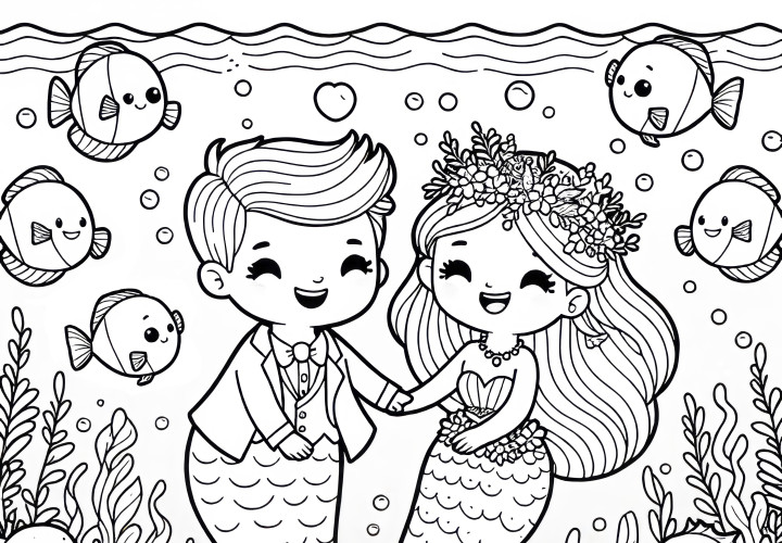 Sirena con amigo y peces bajo el agua: dibujo para colorear para descargar gratis