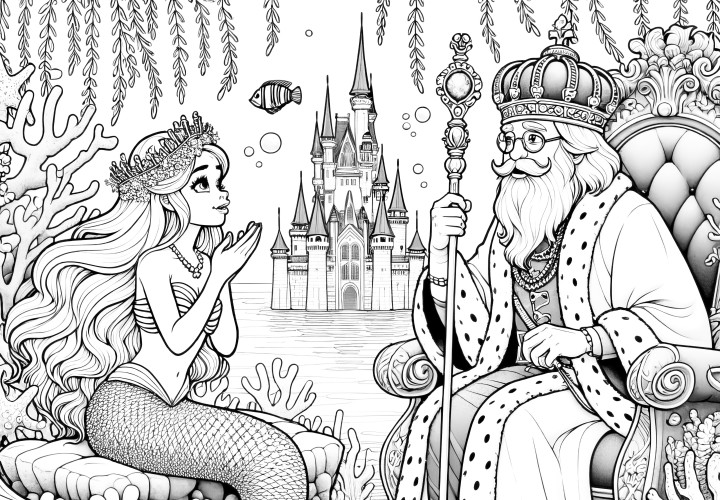 Sirena y rey delante de un magnífico castillo: imagen para colorear descargable (Gratis)