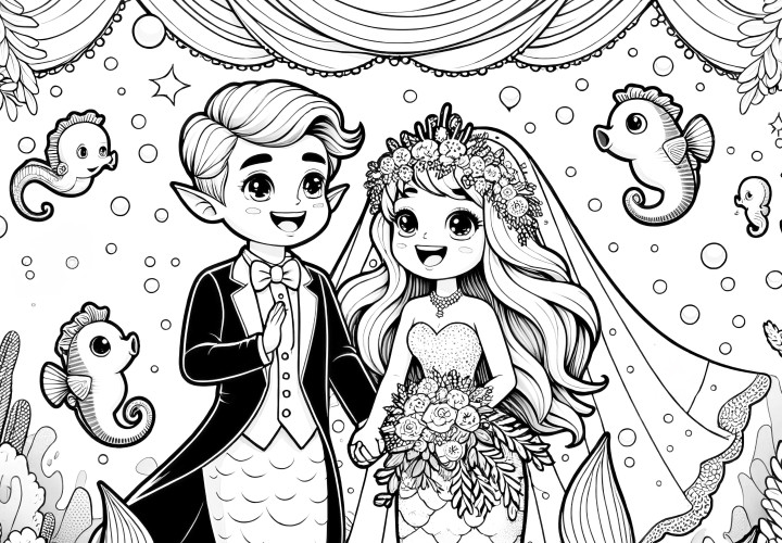 Sirène lors d'un mariage sous-marin : coloriage à télécharger (gratuitement)