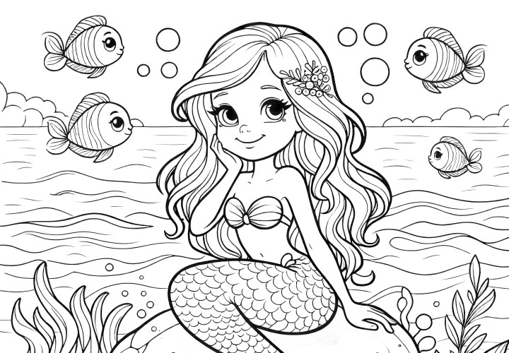 Sereia nas rochas com peixes - Livro de colorir gratuito