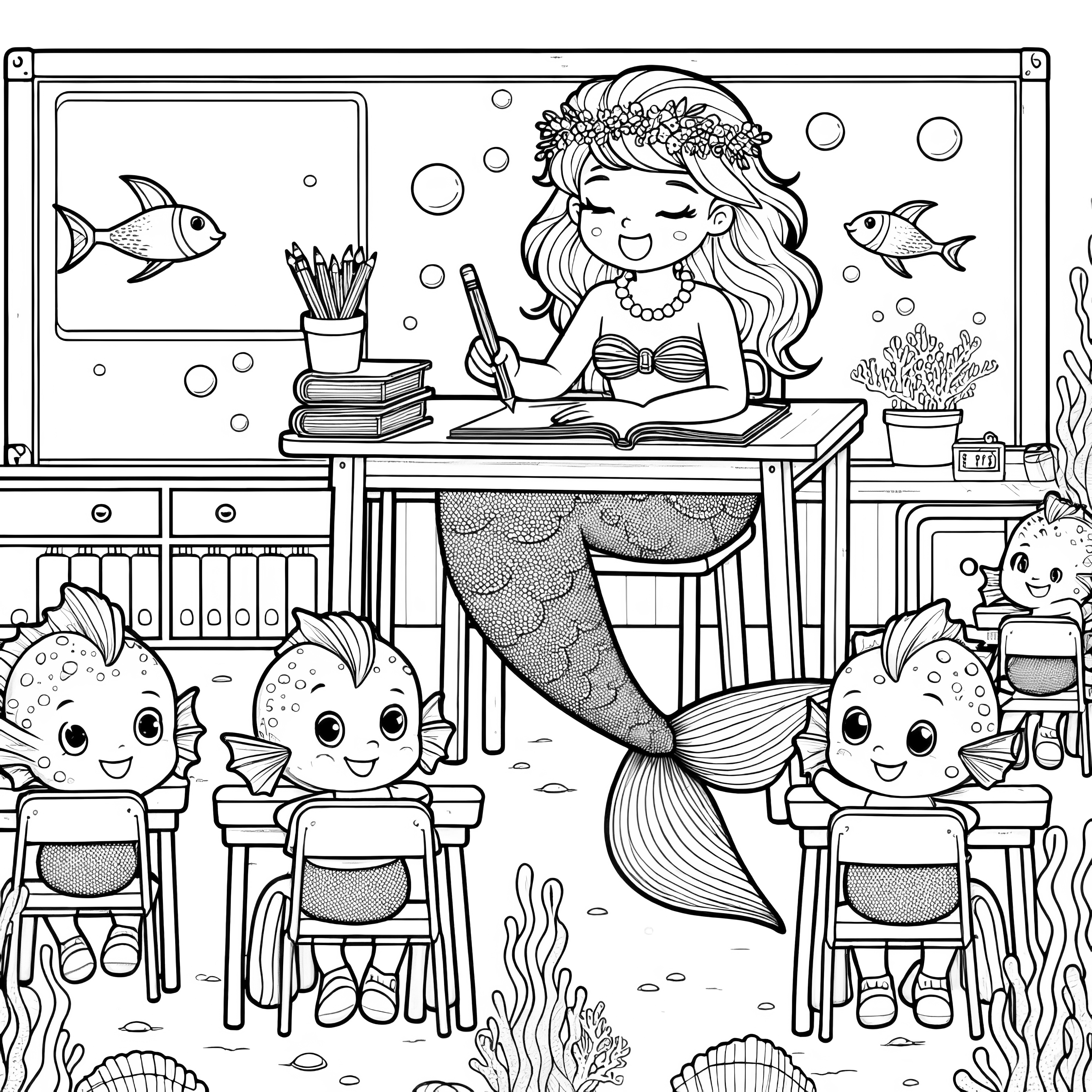 A sereia visita a escola - Livro de colorir gratuito