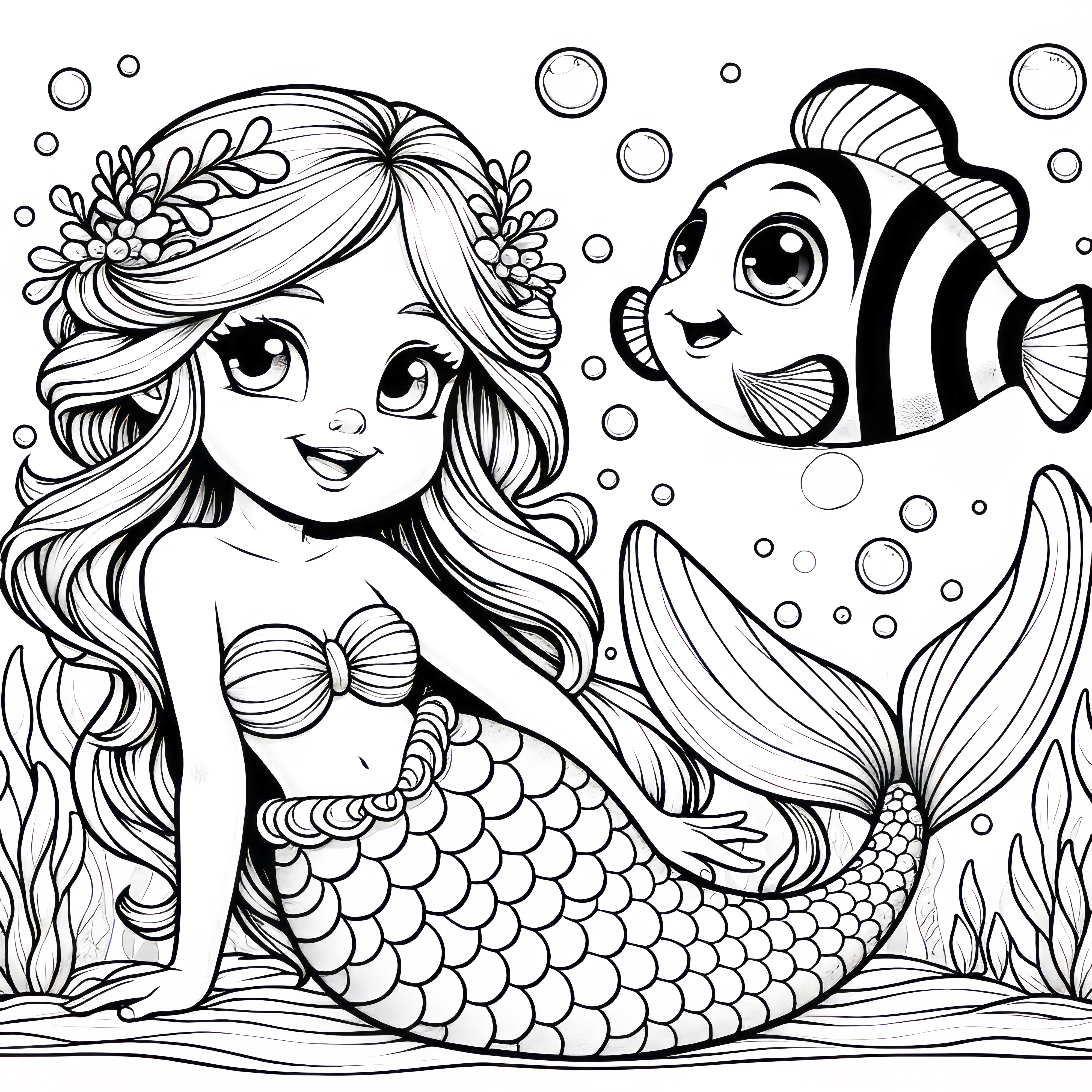 Mermaid and Clown Fish: Coloring Page for Download (Free)