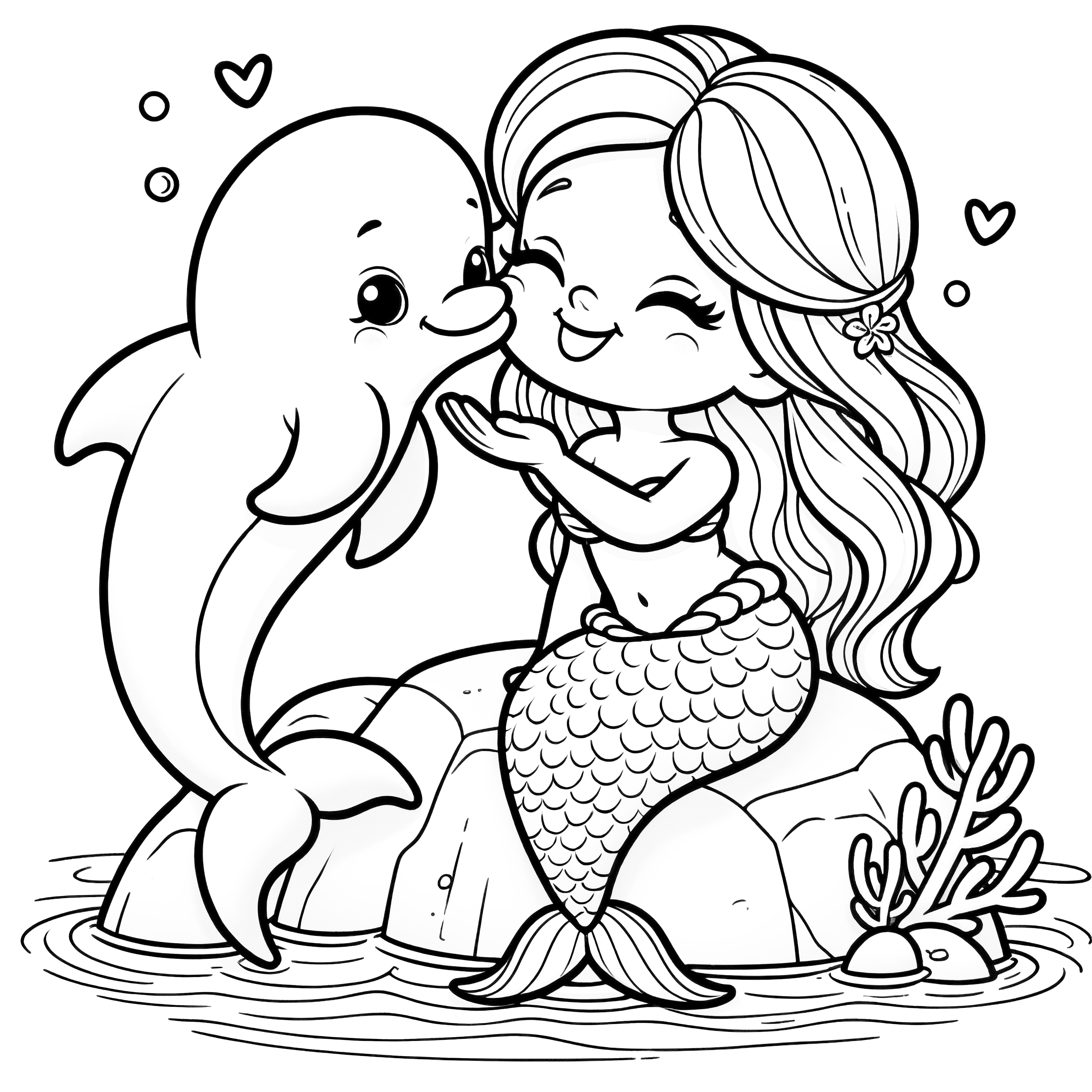 Mermaid cuddles with dolphin: Free coloring picture