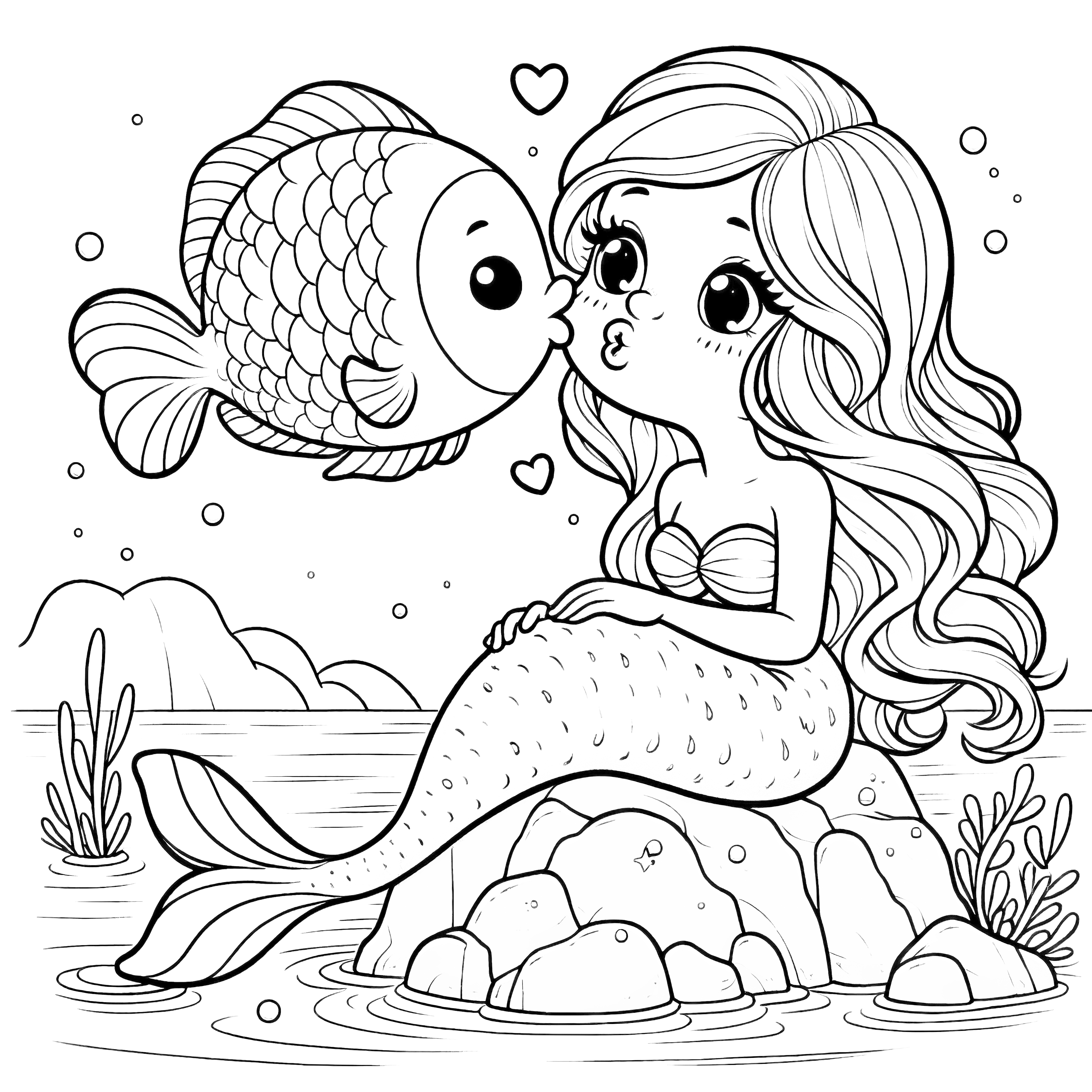 Mermaid kissing fish: Cute coloring page (Free)